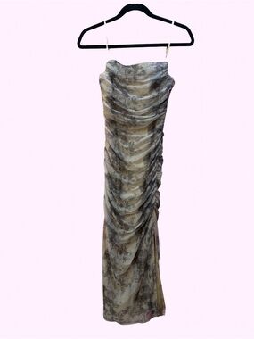 Windsor Strapless Ruched Dress in Beige and Gray